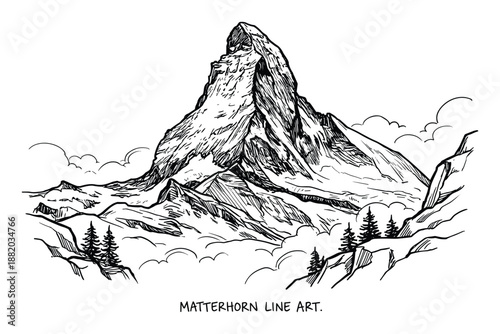 Matterhorn drawing with line art. Mountain peak in Swiss Alps landscape. Black and white