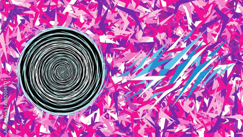 A mesmerizing spiral pattern on a vibrant pink background with abstract shapes and lines, viewed from a close-up perspective