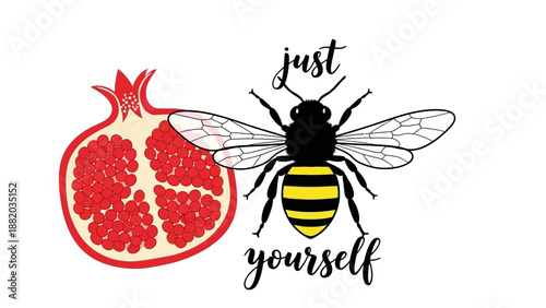 Bee illustration with pomegranate and inspirational quote on transparent background