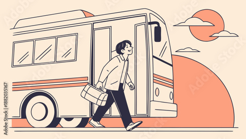 Man walking out of a camper van with a bag.