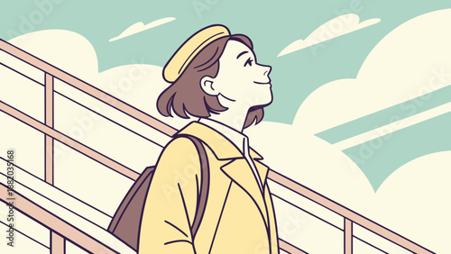 Young woman standing on a bridge with a relaxed expression.