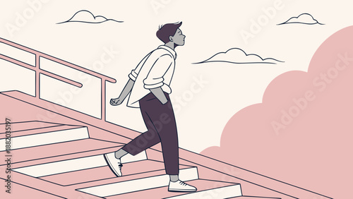Young man walking up the stairs with a confident stride.