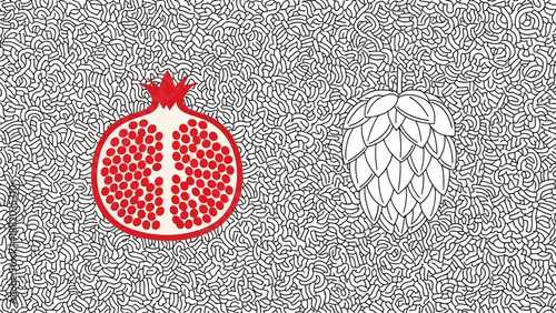 Pomegranate and hop cone illustrations on a speckled gray background, viewed from directly above, showcasing simple yet detailed designs of the two subjects.