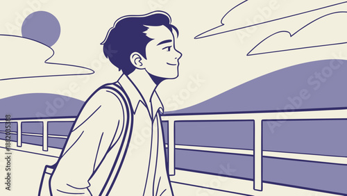 Young man walking on a bridge with a backpack.