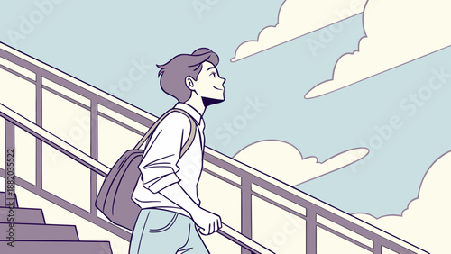 Young man walking up a staircase with a backpack.