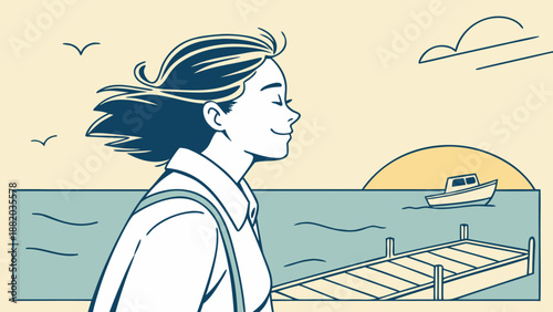 Woman standing on a dock watching a boat sail away at sunset.
