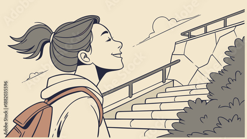 Young woman with backpack standing on stairs looking at mountains.