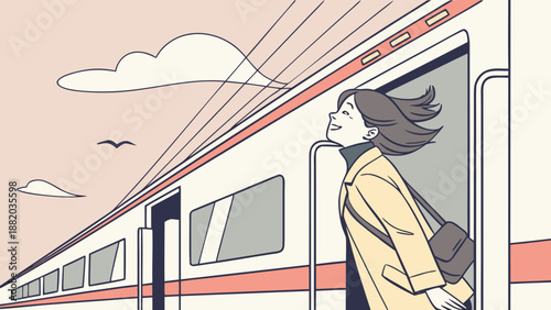 Woman exiting a train with a bag on her shoulder.