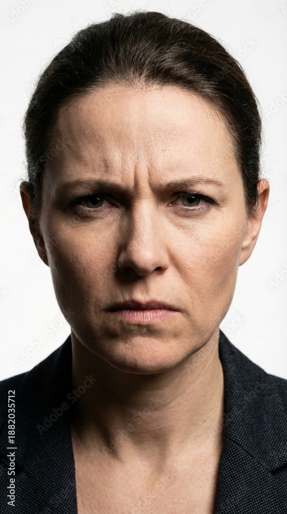 Fototapeta premium A determined and intensely serious woman expresses a deep sense of frustration and displeasure, her gaze conveying a powerful, concentrated emotion with a furrowed brow