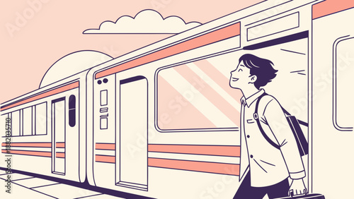 Man stepping off a modern train with a backpack and suitcase.