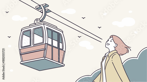 Woman standing on a cloud looking up at a cable car.