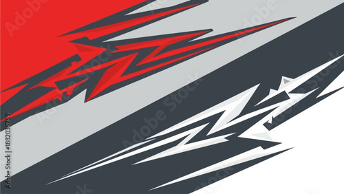 Abstract geometric shapes in red, gray, and white, forming dynamic diagonal patterns and lines