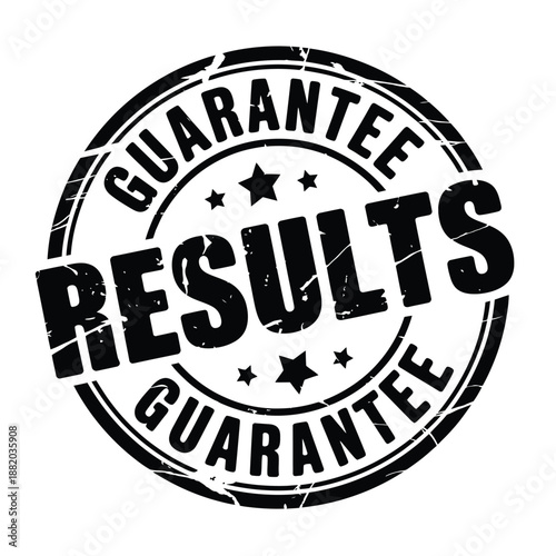 a black circular stamp with the word guarantee and results prominently displayed
