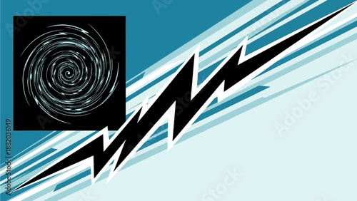 Abstract digital art featuring swirling pattern and lightning bolt, set against gradient blue background, viewed from a sharp angle