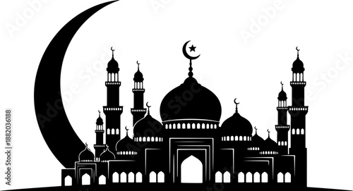 Mosque Silhouette with Crescent Moon Graphic.