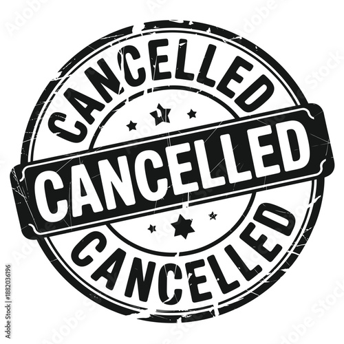 a circular stamp design prominently displaying the word cancelled in bold letters
