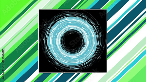 Swirling blue vortex in a black square against a vibrant diagonal striped background, viewed from directly above