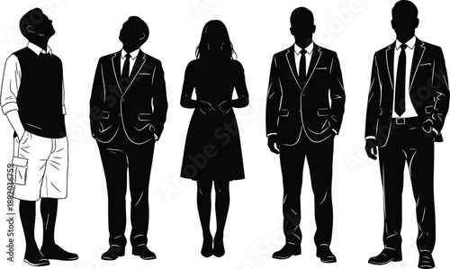 Black silhouette illustration of five diverse individuals in formal and casual attire, symbolizing professionalism, individuality, workplace diversity, and social themes
