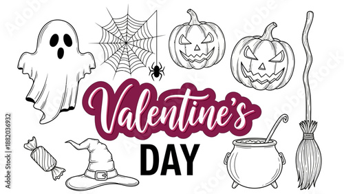 Valentine's Day illustration featuring ghost, witch hat, spider web, and Halloween elements in a festive design