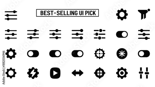 This UI controls and adjustment icon set represents interface customization, filters, sliders, and system controls used in modern digital products. The collection includes toggle switches, adjustment 