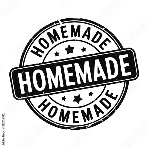 a circular stamp with the word homemade prominently displayed and star accents
