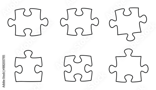 Set of six jigsaw puzzle pieces outlines isolated on white background, simple and clean black and white drawings.