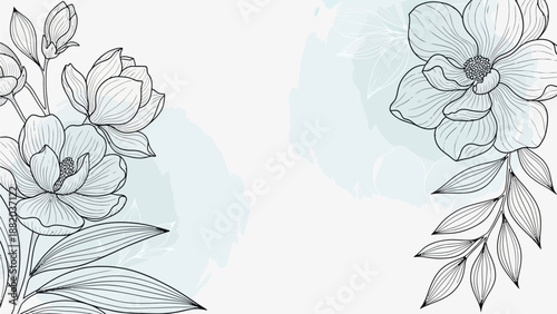 Illustration of flowers and leaves in a minimalist style, showcasing delicate line art and soft watercolor elements.