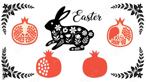 Easter themed illustration featuring a decorative rabbit and pomegranates in a festive border design