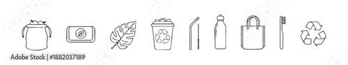 Black-and-white icons of eco-friendly items like reusable bags, bottles, and recycling symbols.