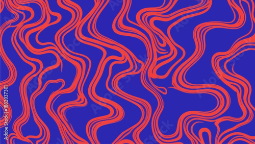 Vibrant wavy lines pattern on blue background viewed from directly above, showcasing dynamic red stripes, flowing curves, abstract design, modern art, and digital illustration