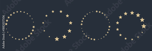 Decorative golden stars forming circular patterns on a dark background. Abstract design suitable for holidays, luxury branding, wallpapers, invitations, and creative backgrounds.