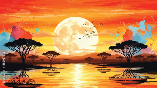African sunset landscape with trees and full moon