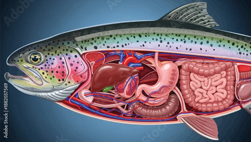 Detailed anatomy of a rainbow trout fish with internal organs visible on a blue background
