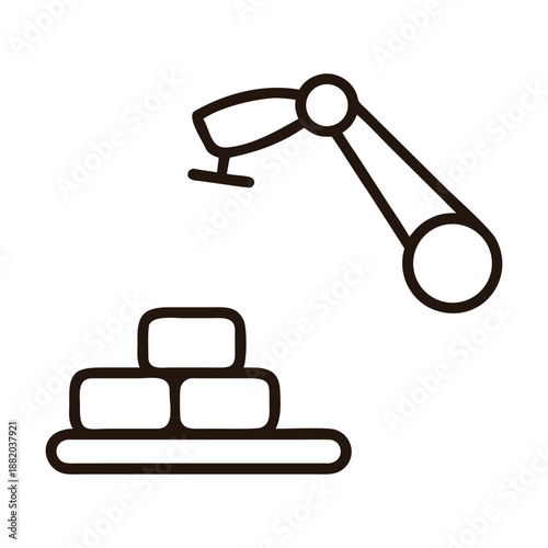 A simple line art illustration of a robotic arm placing or moving a block, representing industrial automation, manufacturing, construction, and technological progress, isolated on
