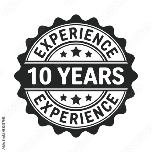 a black circular badge showcasing experience and 10 years in a vintage design
