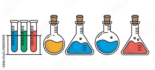 Science lab illustration with flasks, beakers, test tubes, colorful liquids, educational STEM materials, laboratory experiments, scientific research visuals, vector design for learning