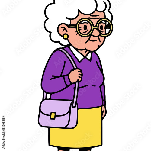 Bild auf Leinwand Cartoon illustration of a cheerful elderly woman with a handbag.