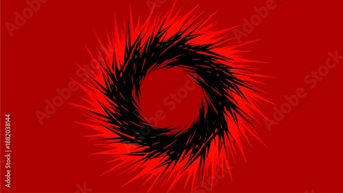 Dynamic black vortex illustration on red background, swirling lines, abstract motion, vibrant energy, intense movement, artistic expression