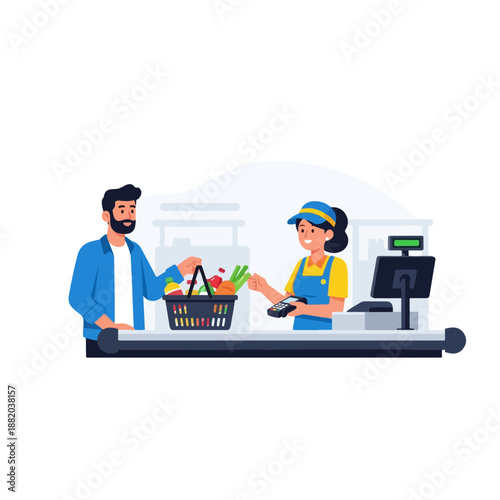 Cashier Scanning Groceries at Checkout Counter.