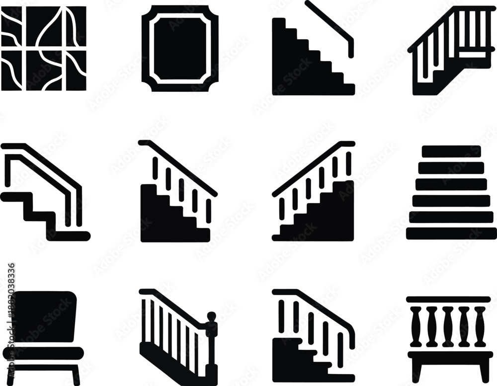 Fototapeta premium Collection of black and white icons depicting various architectural elements and furniture suitable for design projects