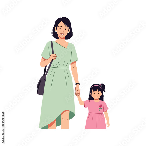 Mother and daughter holding hands, walking together, happy family moment.