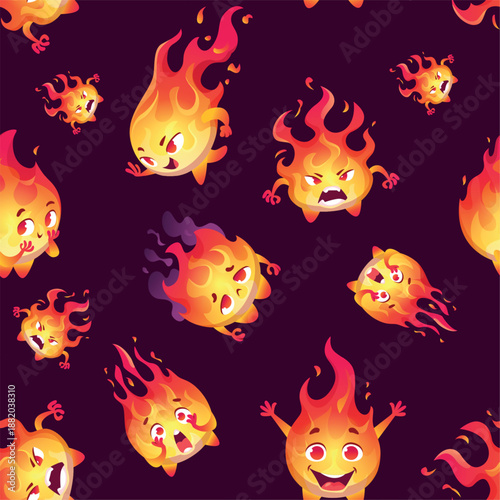 Fire pattern. seamless background with fire flame character in action poses and different emotions