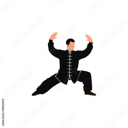 Man practicing traditional Chinese martial arts in a black uniform.