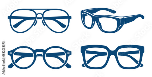 Various eyewear styles. Eye protection designs. Spectacles vector graphic in blue tone on white backdrop.
