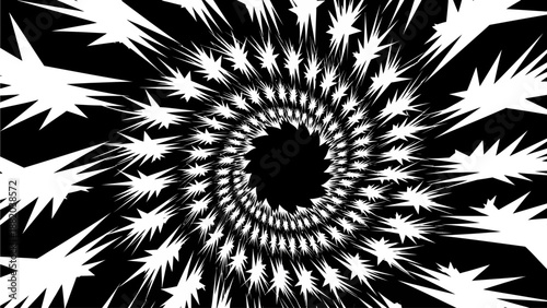 A black and white spiral pattern radiating from a central void surrounded by abstract shapes