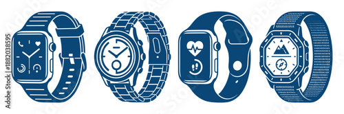 Vector design featuring four smartwatches with heart rate monitor and fitness tracker functions.