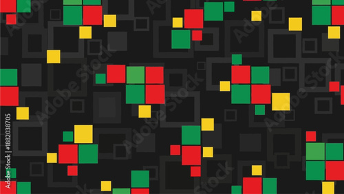 Vibrant colored squares scattered randomly on a dark background, creating a dynamic pattern, viewed from directly above