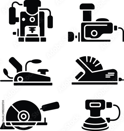 Collection of black and white icons representing various power tools for woodworking and construction industries