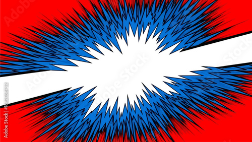 Vibrant abstract explosion of blue lines on red background with white diagonal stripe