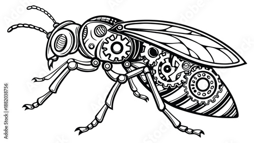 Steampunk mechanical bee illustration, vintage clockwork insect with gears and cogs, black and white line art vector eps for coloring book